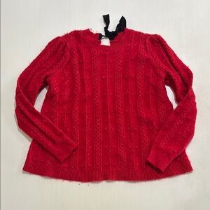 LOFT Red Crew Neck Cable Sweater w/ black ribbon tie. Women's M. Very good cond.